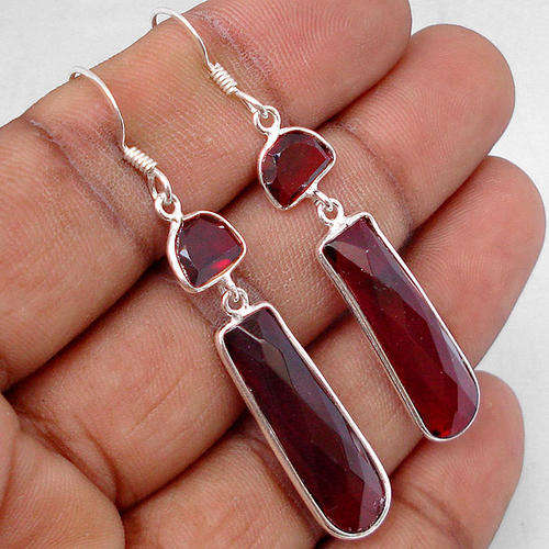 18.69cts NATURAL RED GARNET GEMSTONE 925 SILVER DANGLE EARRINGS