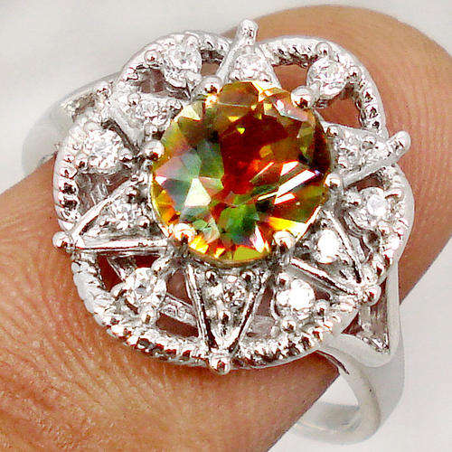 "PRE-CHRISTMAS SALE " GENUINE GREEN RAINBOW & WHITE TOPAZ RING IN 925 STERLING SILVER