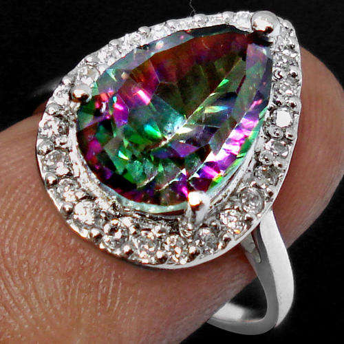NATURAL RAINBOW & WHITE TOPAZ  RING IN .925 STERLING SILVER