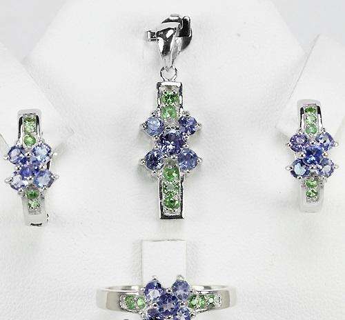 MASTERPIECE COLLECTION" VIOLET SKY BLUE TANZANITE & TSAVORITE GARNET SET IN 925 STERLING SILVER