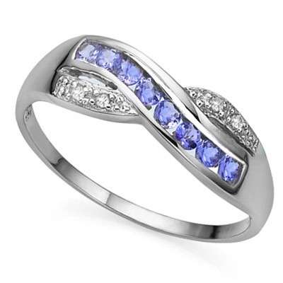 GENUINE TANZANITE & WHITE DIAMOND RING .925 STERLING SILVER