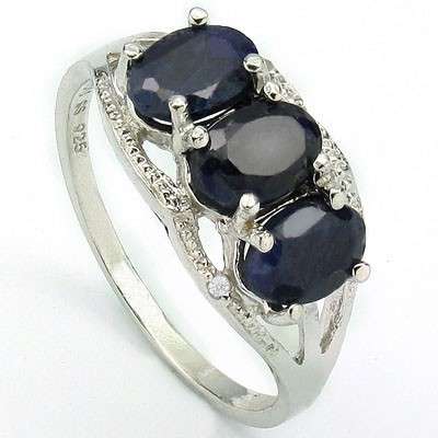 GENUINE BLUE SAPPHIRE & WHITE DIAMOND RING .925 STERLING SILVER