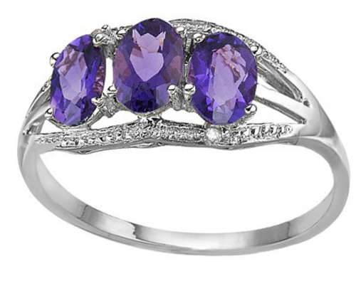 GENUINE AMETHYST & WHITE DIAMOND RING .925 STERLING SILVER