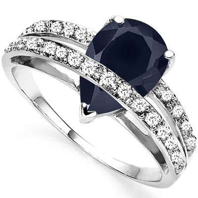 2.50 CT GENUINE BLACK SAPPHIRE & 4PCS WHITE DIAMOND RING .925 STERLING SILVER