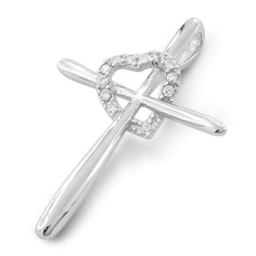 WHITE SIM DIAMOND CROSS & HEART PENDANT IN 925 STERLING SILVER