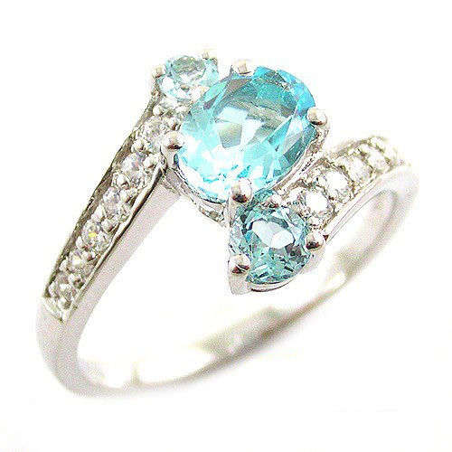 GENUINE BLUE TOPAZ & BLUE CZ & WHITE TOPAZ GEMSTONE RING .925 STERLING SILVER