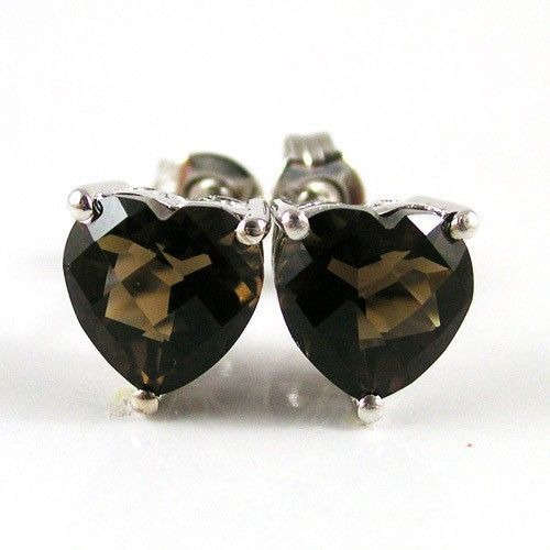 GENUINE SMOKY TOPAZ HEART CUT STUD EARRINGS IN 925 STERLING SILVER