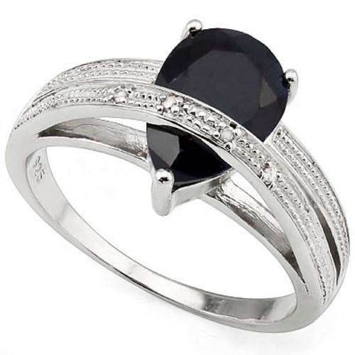 GENUINE BLACK SAPPHIRE & WHITE DIAMOND RING .925 STERLING SILVER
