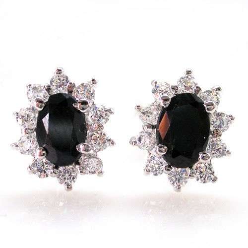 GENUINE BLACK SAPPHIRE & WHITE TOPAZ EARRINGS IN 925 STERLING SILVER