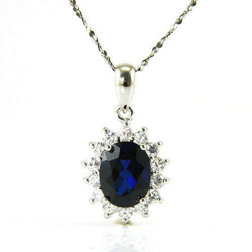 BLUE SAPPHIRE & WHITE TOPAZ CLUSTER PENDANT  IN 925 STERLING SILVER