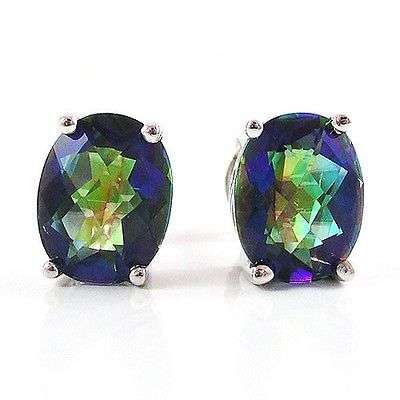 AMAZING GENUINE RAINBOW BLUE OVAL EARRINGS IN SOLID STERLING SILVER