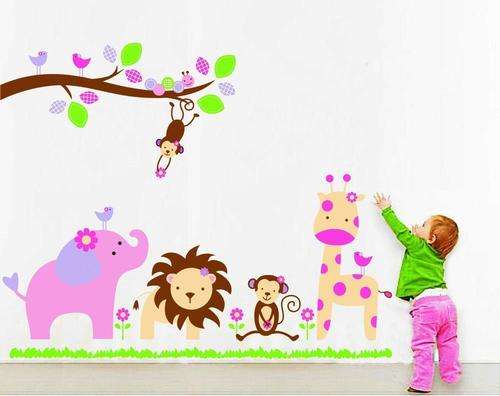CLEARANCE SALE!!!   LARGE AND PRETTY NURSERY WALL DECAL - AFRICAN ANIMALS IN PINK