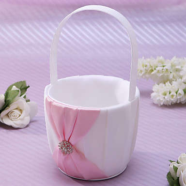 WEDDING SPECIAL!! FLOWER GIRL BASKET WHITE WITH PINK SATIN & DIAMANTE DETAILING