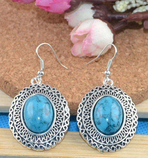 FASHION JEWELLERY - TURQUOISE IN TIBETAN SILVER DANGLING EARRINGS