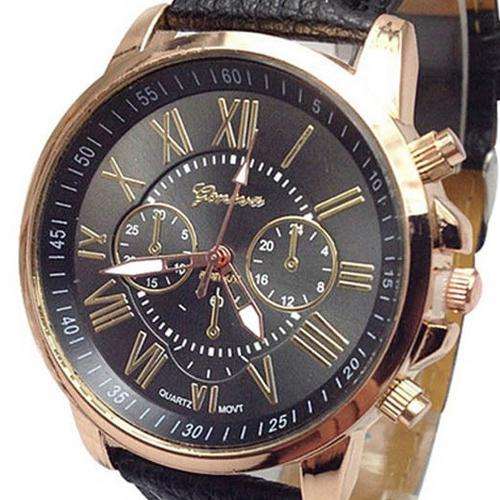 WOMAN CHIC CHARMING BLACK GENEVA ROMAN NUMERAL QUARTZ  WATCH WITH FAUX LEATHER STRAP ROSE GOLD BODY
