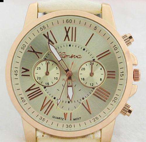 WOMAN CHIC CHARMING BEIGE GENEVA ROMAN NUMERAL QUARTZ  WATCH WITH FAUX LEATHER STRAP ROSE GOLD BODY
