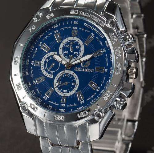 BUSINESS EXEC MEN'S BLUE DIAL SILVER STAINLESS STEEL ANALOGUE QUARTZ WRIST WATCH
