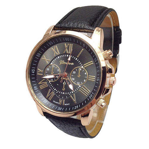 WOMAN CHIC CHARMING BLACK GENEVA ROMAN NUMERAL QUARTZ ANALOG WATCH WITH FAUX LEATHER STRAP