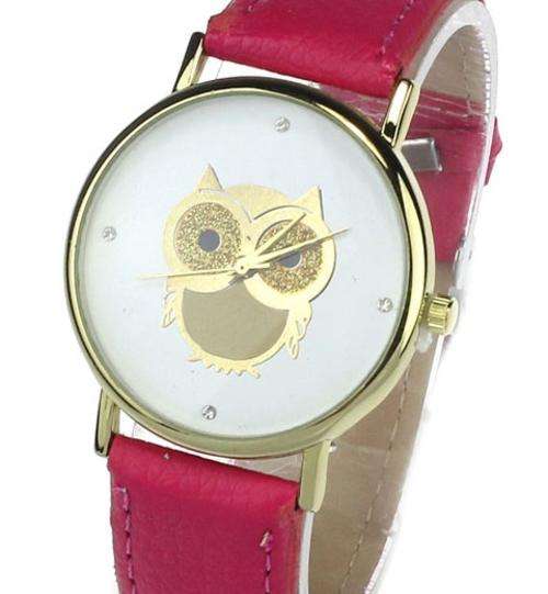 LADIES CRYSTAL INLAID OWL DIAL -  QUARTZ WATCH WITH CERISE PINK STRAP