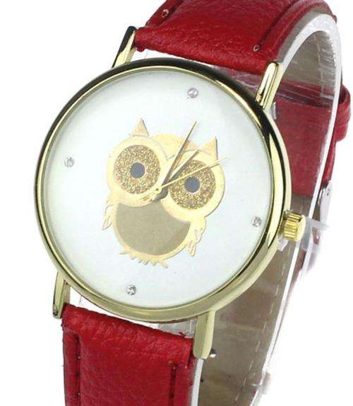 LADIES CRYSTAL INLAID OWL DIAL -  QUARTZ WATCH WITH SEXY LIPSTICK RED STRAP