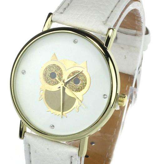 LADIES CRYSTAL INLAID OWL DIAL -  QUARTZ WATCH WITH CLASSIC WHITE STRAP