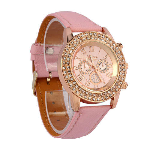 2015 LUXURY 2 ROW CRYSTAL GENEVA WOMANS ANALOG QUARTZ FAUX LEATHER BAND WATCH PINK