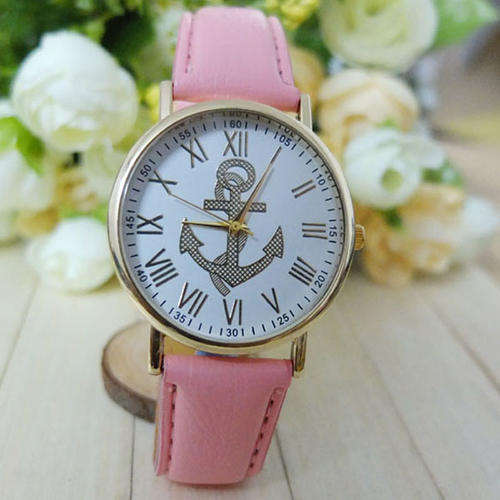 WOMAN'S GENEVA ANALOG QUARTZ ROMAN NUMERAL WITH ANCHOR DIAL AND PINK FAUX LEATHER BAND