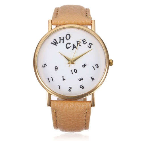 "Who cares" CLASSIC WOMAN'S ROUND DIAL ANALOG QUARTZ WITH FAUX LEATHER STRAP WRIST WATCH