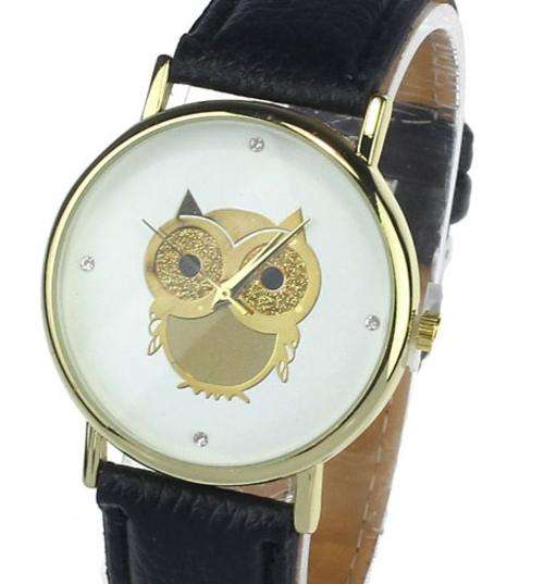 GET THE LOOK!!  LADIES CRYSTAL INLAID OWL DIAL -  QUARTZ WATCH - BEAUTIFUL  BLACK STRAP