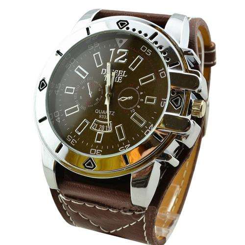 MODERN MENS DIESEL TIME QUARTZ WRISTWATCH WITH BIG BROWN DIAL AND WIDE LEATHEROID STRAP