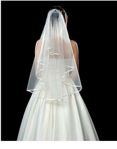 WHITE WEDDING BRIDE'S 2 LAYER BRIDAL VEIL WITH WHITE SATIN RIBBON EDGE WITH COMB