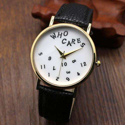 "Who cares" CLASSIC WOMAN'S ROUND DIAL ANALOG QUARTZ WITH FAUX LEATHER STRAP WRIST WATCH