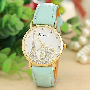 WOMAN'S GENEVA EIFFEL TOWER PATTERN GOLDEN CASE FAUX LEATHER BAND WRIST WATCH GREEN