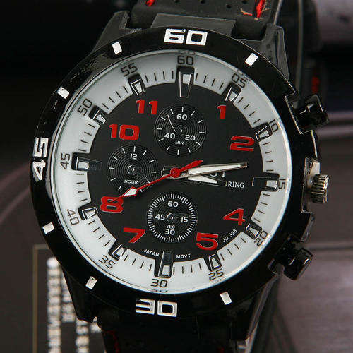 MEN'S GT SERIES QUARTZ STAINLESS STEEL ANALOG SPORTS WRISTWATCH WHITE FACE RED NUMERALS