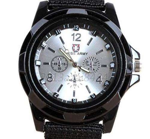 CLASSIC SWISS ARMY DESIGN SPORTS  QUARTZ MENS WRIST WATCH WITH NYLON STRAP SILVER FACE