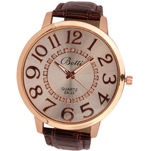WOMANS FASHION NUMERALS GOLDEN "BIG" DIAL WITH CRYSTALS BROWN LEATHER STRAP QUARTZ  WATCH