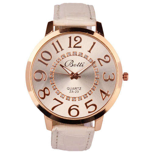 STUNNING WOMAN'S EASY TO READ QUARTZ WATCH WITH CRYSTAL DETAIL   & WHITE FAUX LEATHER STRAP