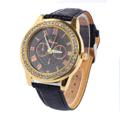 WOMANS CHICK BLACK ROMAN NUMERALS WITH CRYSTAL SURROUND QUARTZ WRISTWATCH WITH FAUX LEATHER STRAP