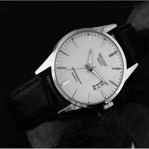 MEN'S WHITE FACE BLACK GENUINE LEATHER STRAP QUARTZ DRESS WRIST WATCH WITH DATE DISPLAY