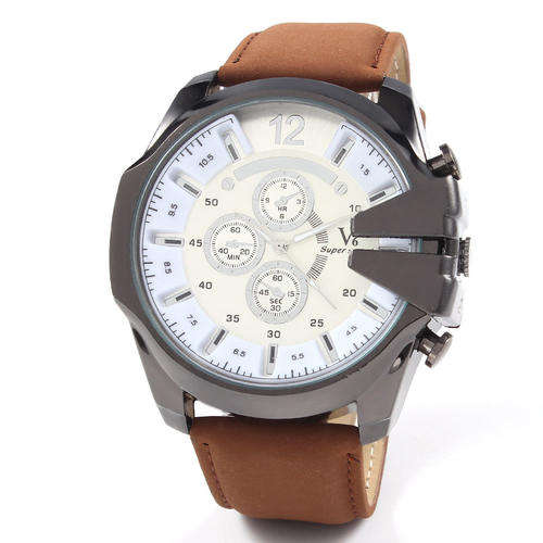 MEN'S MILITARY BLACK CASE WHITE DIAL BROWN PU LEATHER BAND V6 ARMY STYLED WRISTWATCH