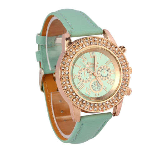 MINT FACE 2 ROW CRYSTAL GENEVA WOMANS ANALOG QUARTZ FAUX MINT LEATHER BAND WATCH