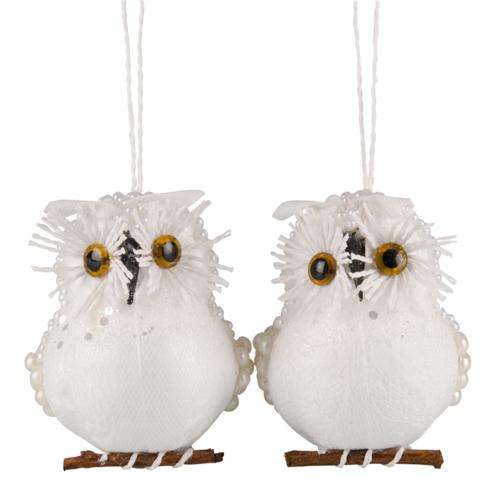 LUXURY QUALITY @HOME PRODUCT 2PCS BOXED SET  UNIQUE CHRISTMAS XMAS DECOR - 2 WHITE FLUFFY OWLS 6 CM