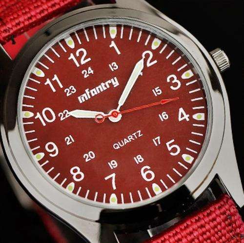 MENS GENUINE  INFANTRY LUMINOUS  ANALOGUE ARMY WRISTWATCH WITH RED DIAL AND RED  CANVAS BAND