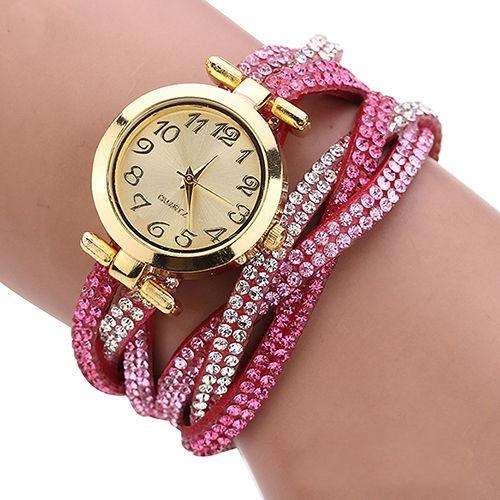 LADIES HOT PINK & WHITE LUXURY CRYSTAL LEATHER PLAITED BRACELET QUARTZ ANALOG WATCH