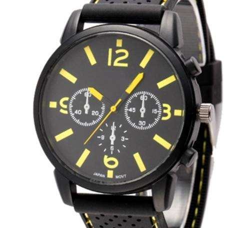 MEN'S GT SERIES QUARTZ STAINLESS STEEL ANALOG SPORTS WRISTWATCH BLACK FACE YELLOW NUMERALS