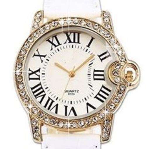 WOMANS ROSE GOLD CASE WITH WHITE ROMAN NUMERAL DIAL, CRYSTAL SURROUND AND FAUX LEATHER STRAP