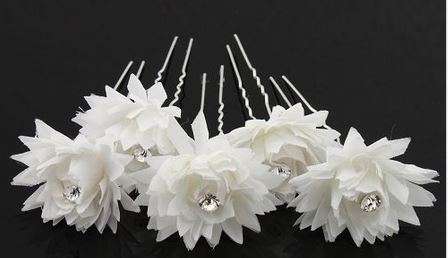 3 PCS BRIDAL HAIRPINS - WHITE FLOWER WITH RHINESTONE CENTRE - CAN ATTACH VEIL WITH THESE