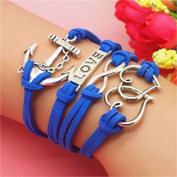 4 CHARMS BLUE INFINITY LOVE ANCHOR HEARTS CUTE LEATHER CHARM BRACELET