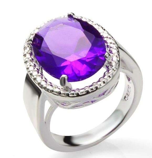 FASIHION RING AMETHYST CZ OVAL CUT RING  - SIZE # 8 (Q) - WHITE GOLD PLATED