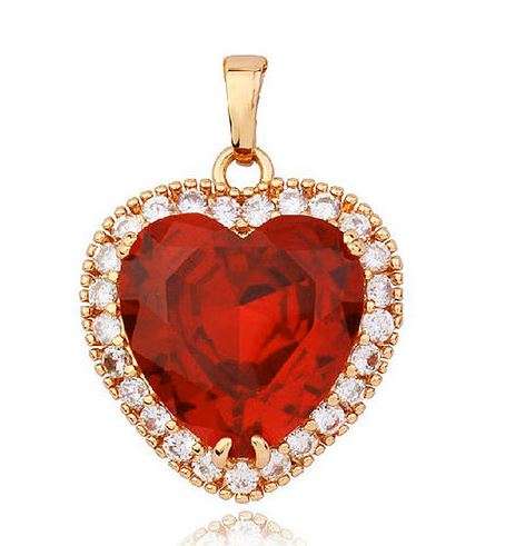 STRIKING BRIGHT RED RUBY CZ  HEART PENDANT SET IN A 9K GOLD FILLED SETTING